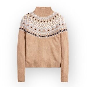 J.Crew Fair Isle Mock Neck Sweater Camel Blue Extra Soft Womens XXS